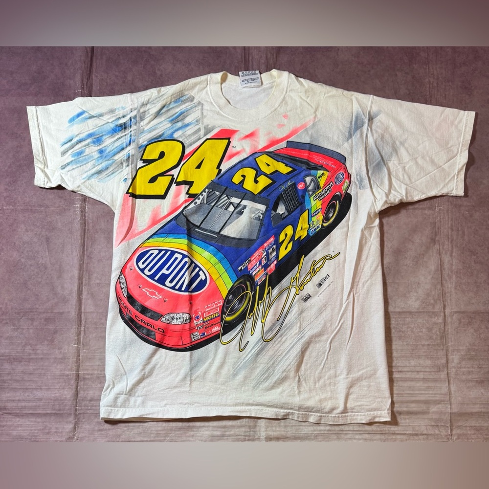 Vintage 90s Chase Bank Jeff Gordon Nascar AOP Racing T-Shirt Made in USA Sz XL